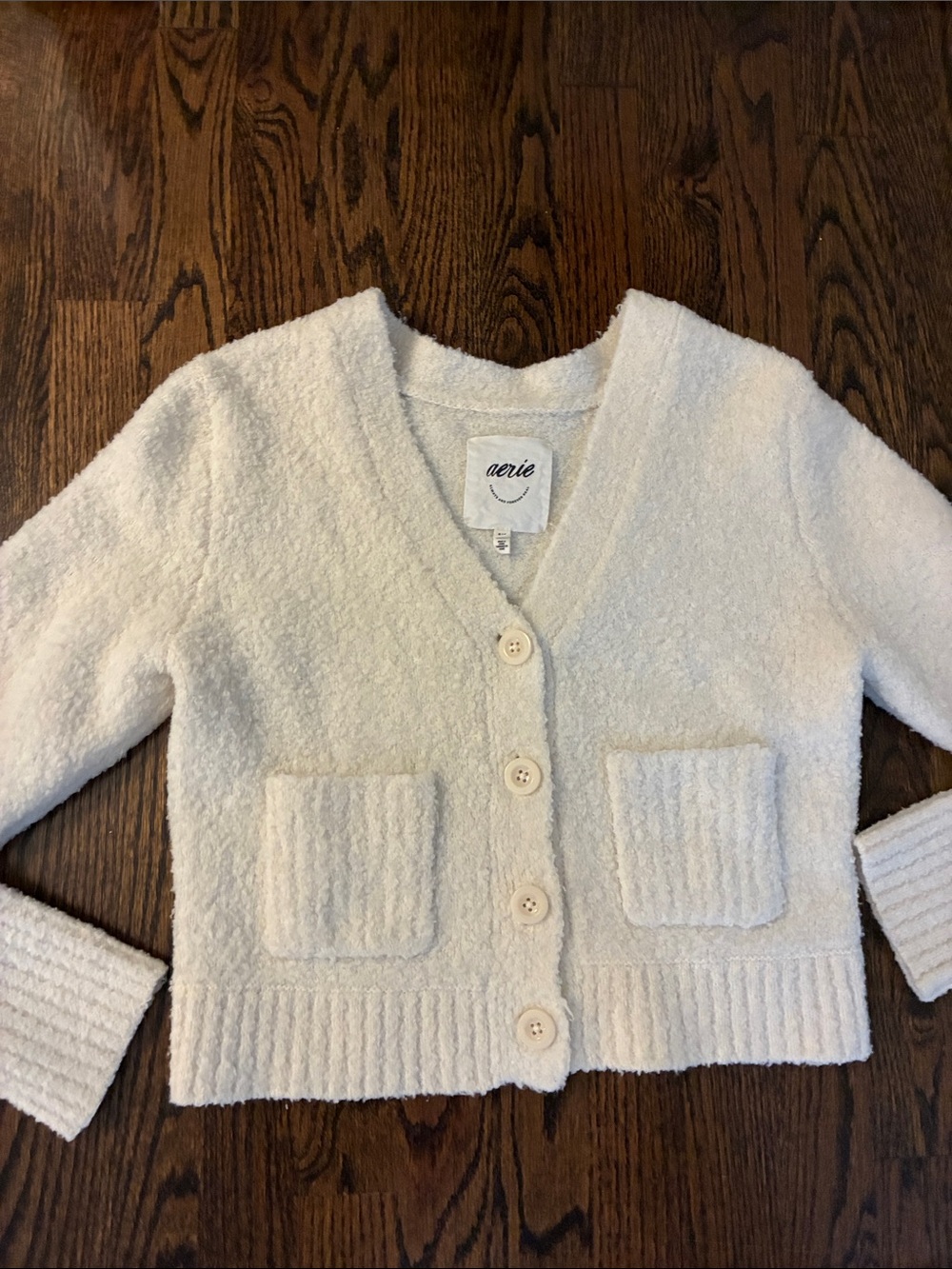 aerie Cream Textured Button-Up Cropped Cardigan